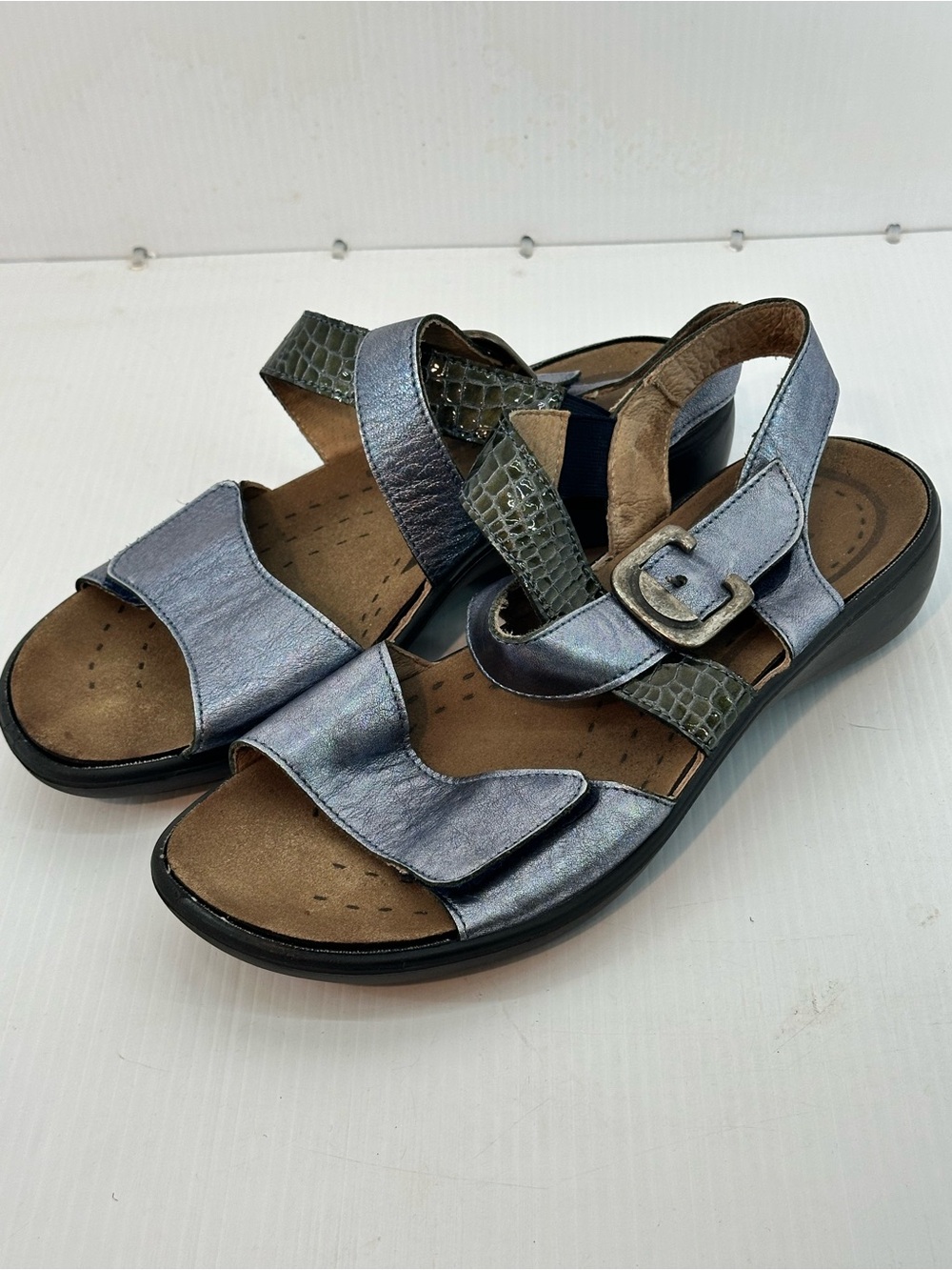 Romika Leather Sandals Women's 41 (9.5-10) Metallic Silver Comfort with Buckle